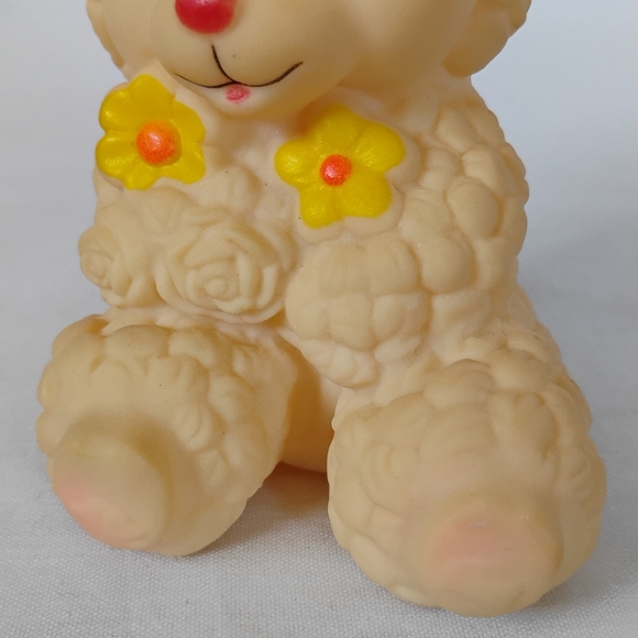 Vintage Squeaky Toy Lamb Holding Yellow Flowers Baby Sheep Rubber Squeaking Toy - Picture 6 of 9